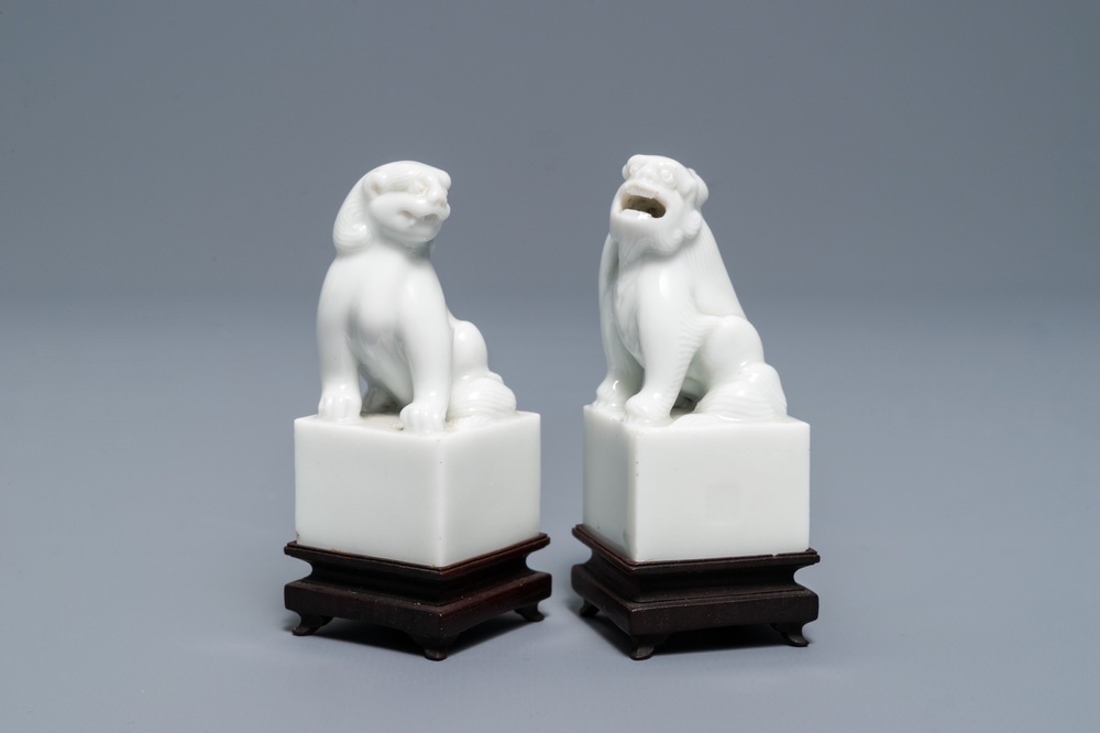 A pair of Chinese Dehua blanc de Chine seals with lions, impressed sealmarks, Kangxi