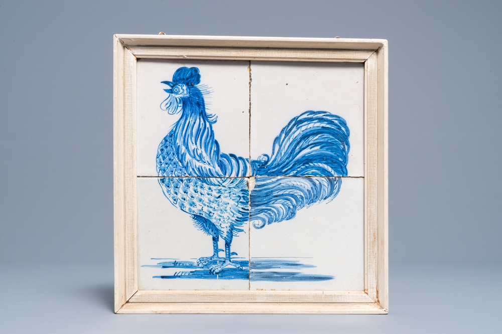 A Dutch Delft blue and white 'rooster' tile mural, late 18th C.