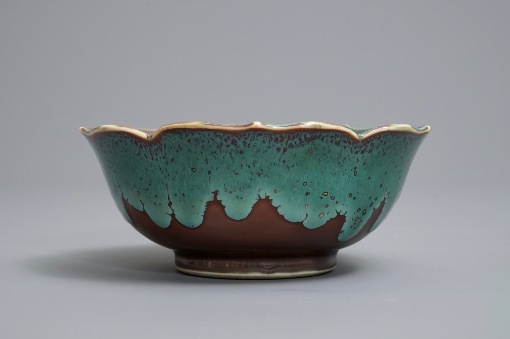A Chinese brown ground turquoise flamb&eacute;-glazed lotus-shaped bowl, Yongzheng/Qianlong
