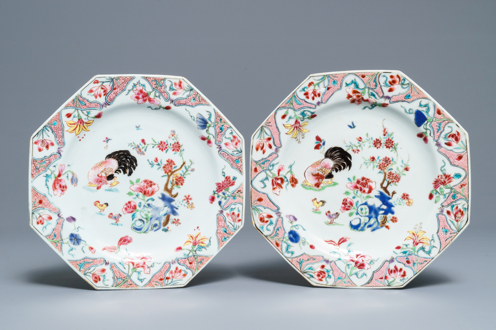 A pair of Chinese famille rose octagonal 'rooster' plates, Qianlong