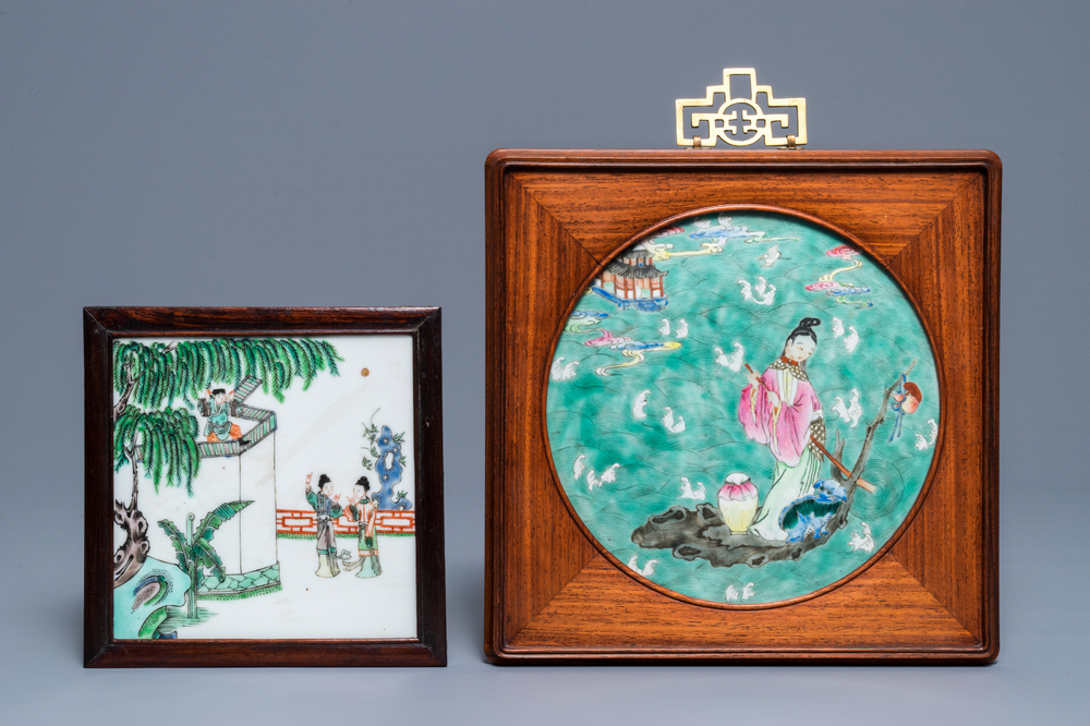 Two Chinese famille rose and verte tile plaques, 19th C.