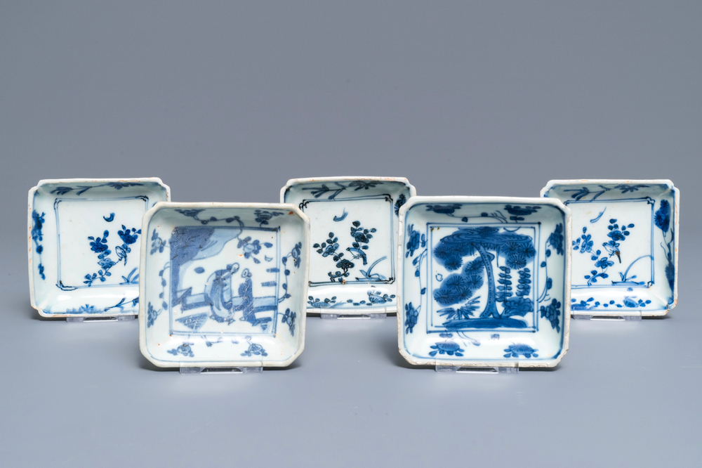 Five square Chinese blue and white 'ko-sometsuke' Japanese market dishes, Ming