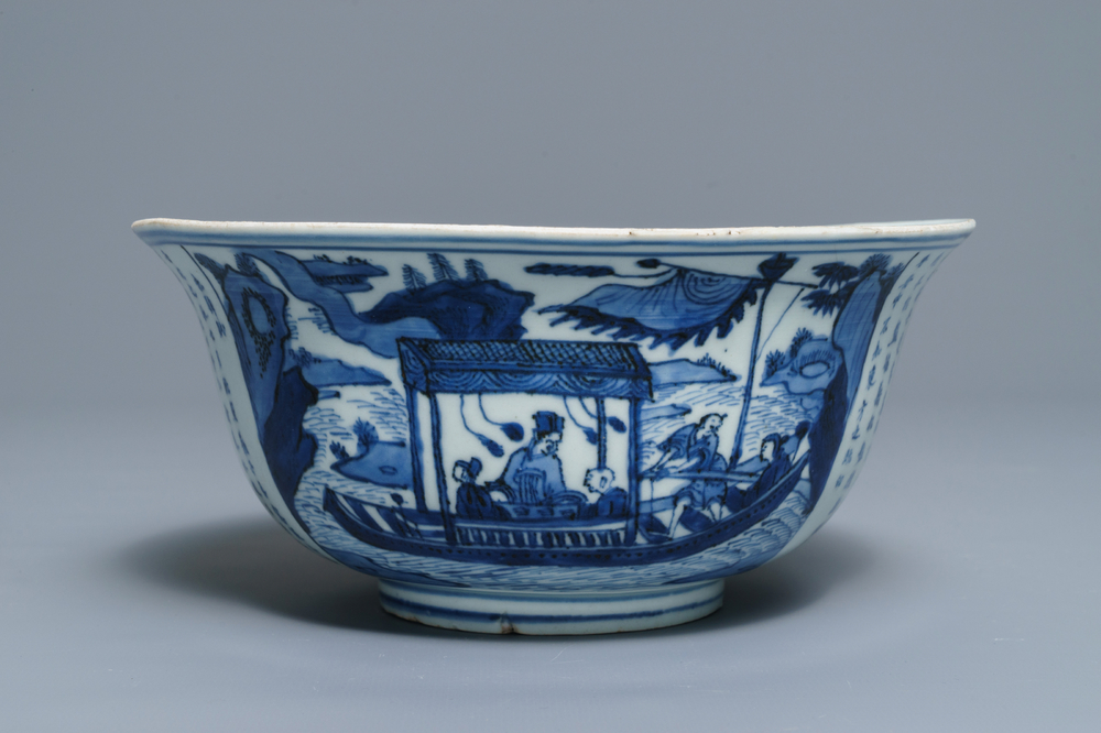 A large Chinese blue and white 'Ode to the red cliffs' bowl, Transitional period