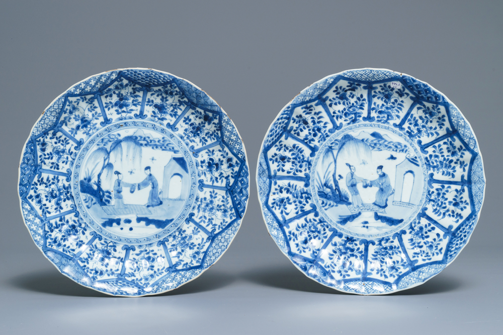 A pair of Chinese blue and white 'Romance of the Western chamber' fluted dishes, Kangxi