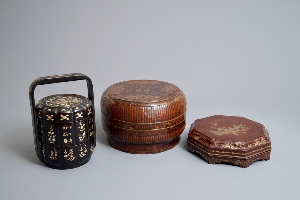 Two Chinese lacquered marriage boxes and a condiment set in box, 19/20th C.