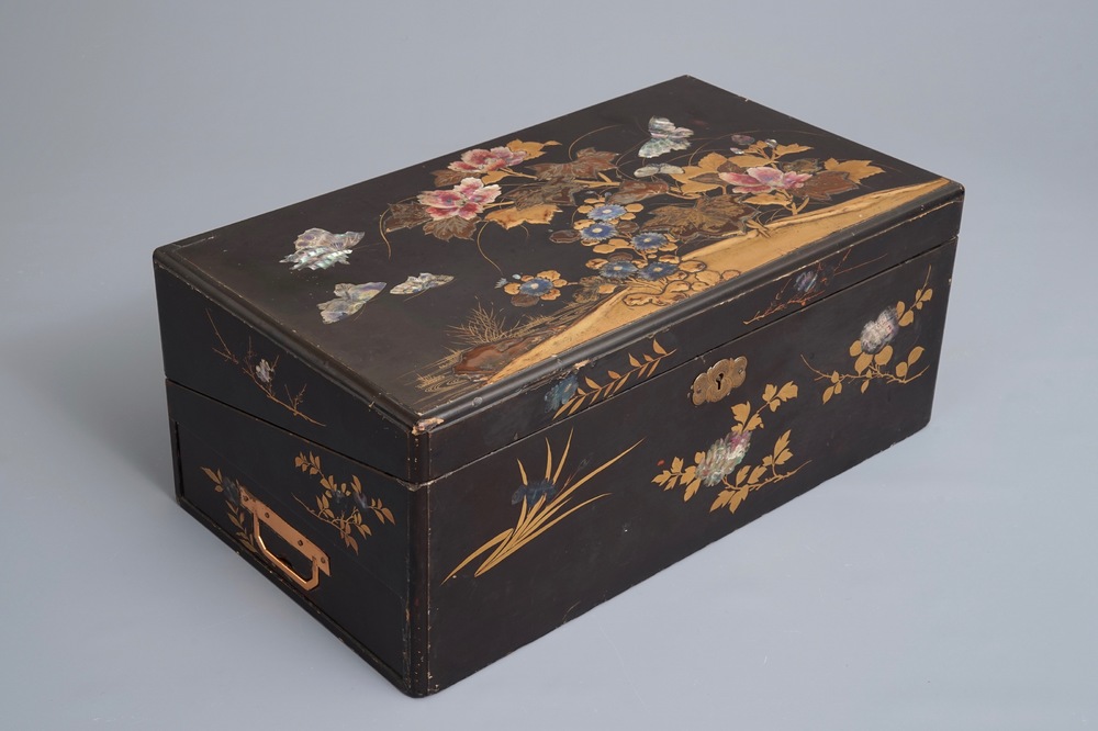 A large Chinese mother-of-pearl inlaid lacquer writing box, 19th C.