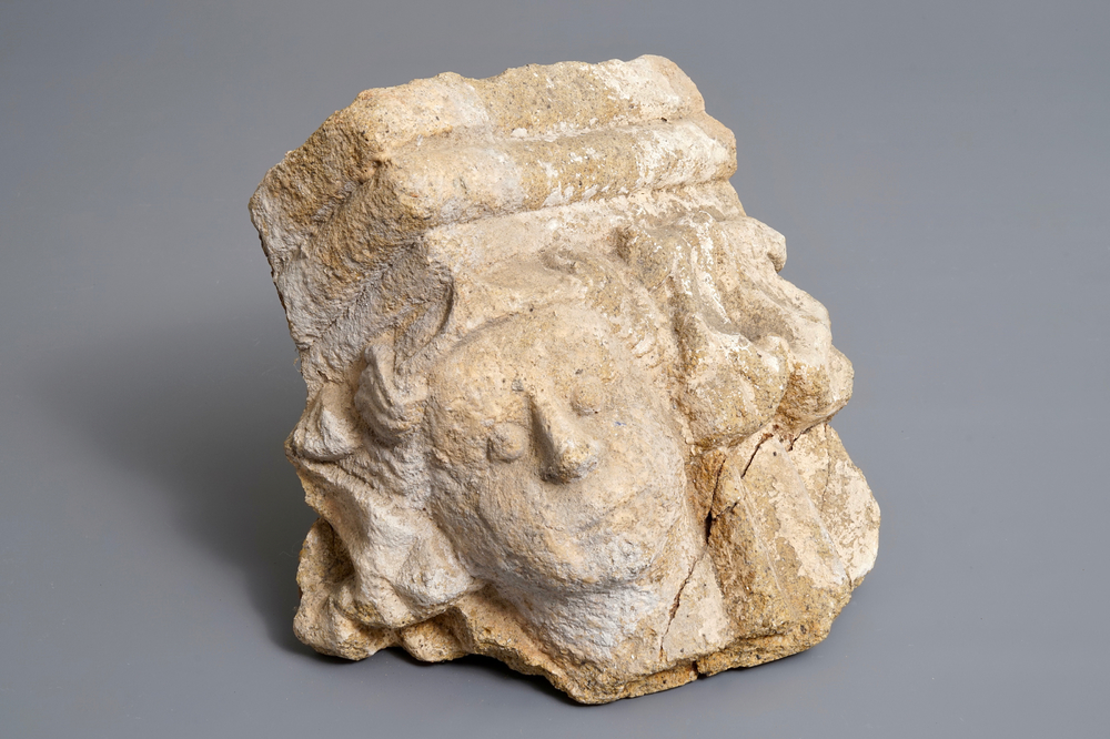 A Romanesque sandstone corner fragment of a pillar, 12/13th C.