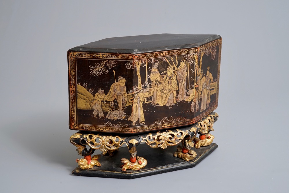 A Chinese Straits or Peranakan market gilded and lacquered wood offering box, 19th C.