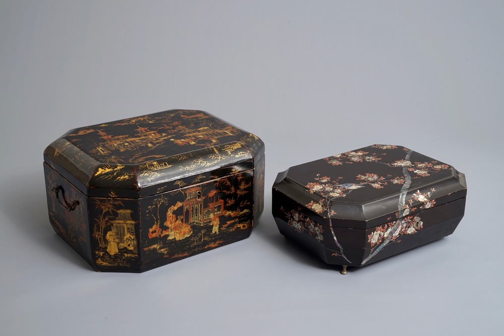 Twee Chinese kistjes in zwart lakwerk, 19/20e eeuw