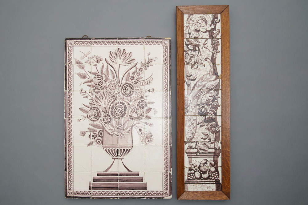 A large manganese Dutch Delft tile mural with a flowervase and a column with cherubs, 18th &amp; 19th C.