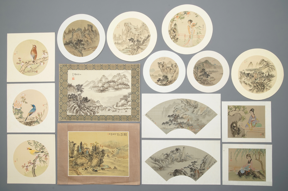 Fifteen various Chinese drawings for fans and illustrations, 20th C.