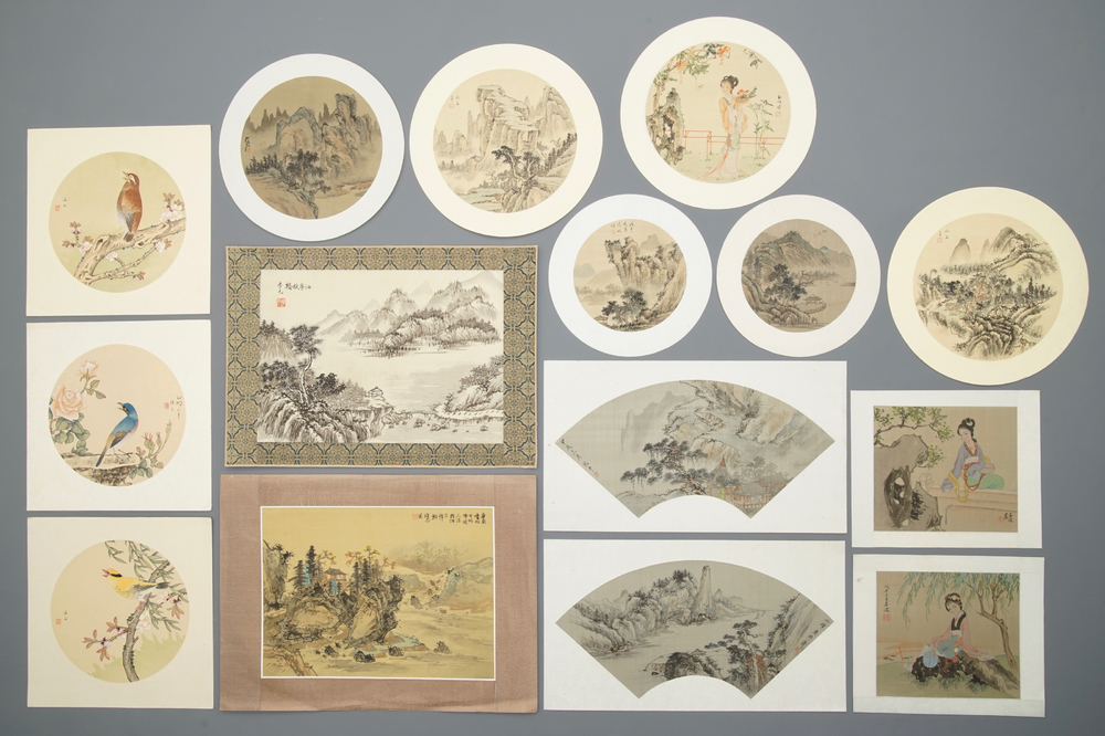 Quinze dessins d'&eacute;ventails et illustrations &agrave; l'encre de Chine et polychromie, 20&egrave;me