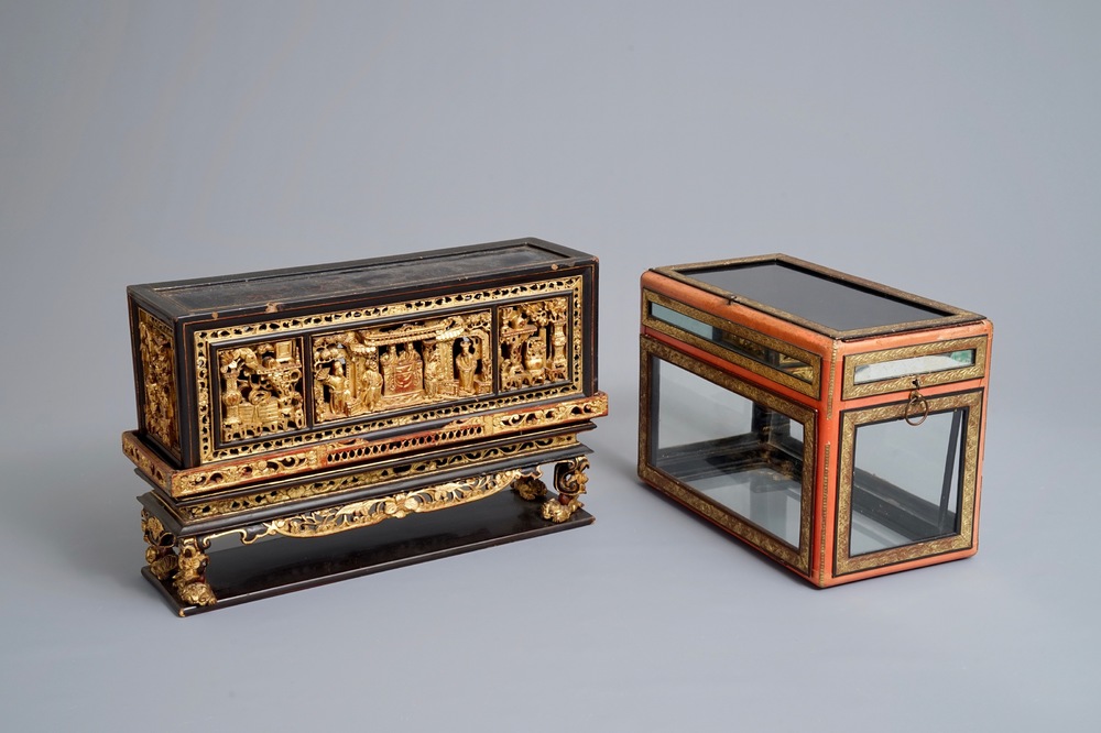 A Chinese Straits or Peranakan market gilded and lacquered wood altar box on stand and a table display, 19th C.