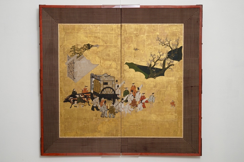 A Japanese two-fold painted byobu screen with travellers in a landscape, Edo, 17/18th C.