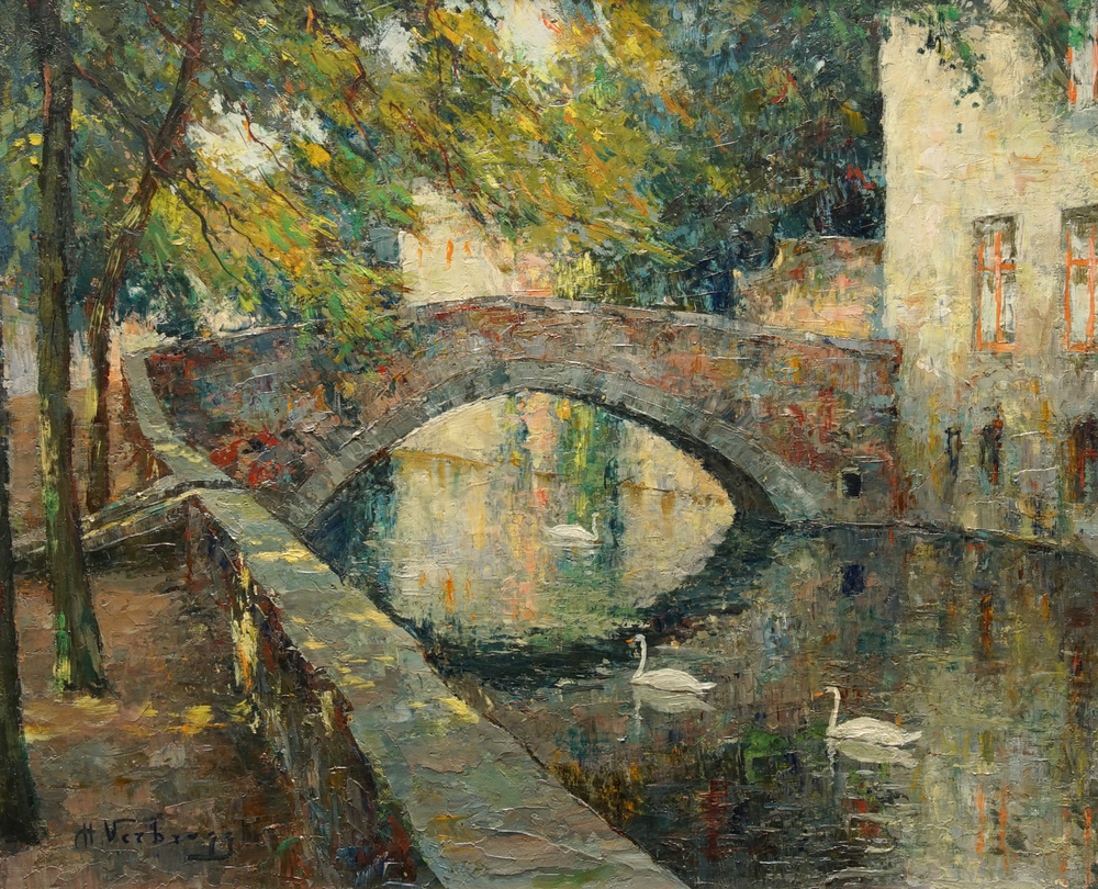 Verbrugghe, Charles (1877-1974): Une vue sur le pont 'Meebrug' &agrave; Bruges, huile sur panneau