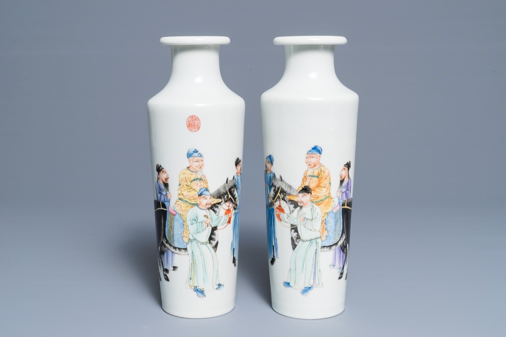 An important pair of Chinese rouleau vases with figures and calligraphy, Qianlong mark, Republic, 20th C.