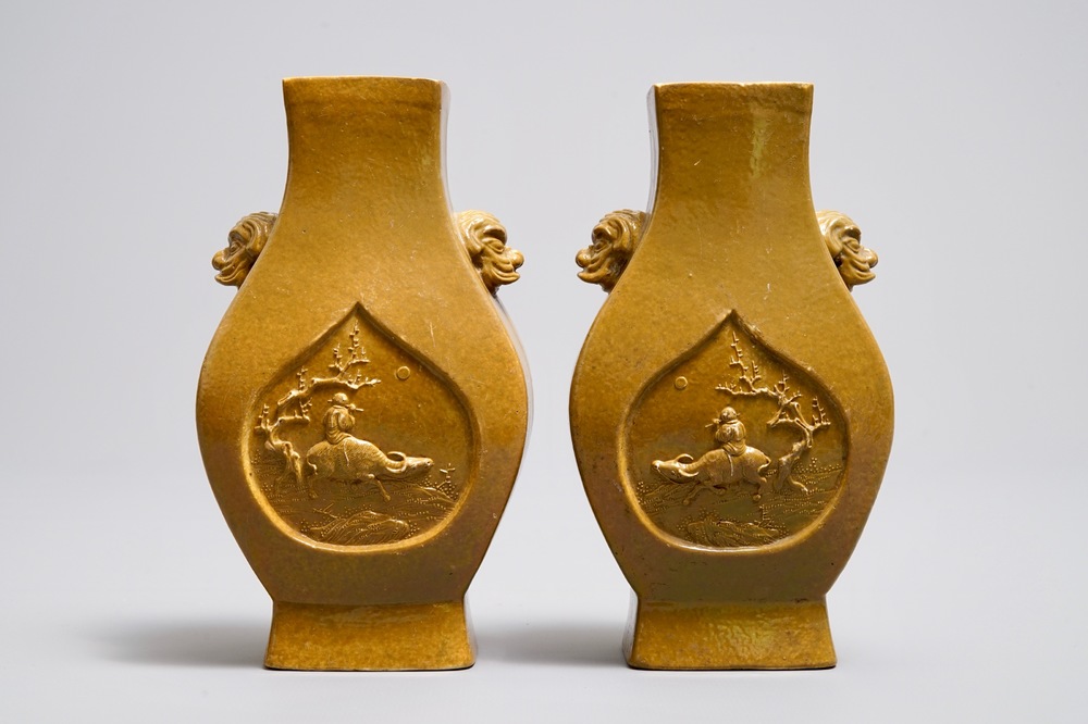 A pair of Chinese yellow glazed biscuit vases, Wang Bing Rong Zuo mark, 19th C.