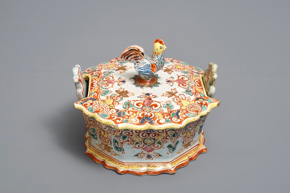 A polychrome petit feu and gilded Dutch Delft rooster-topped butter tub, 1st half 18th C.