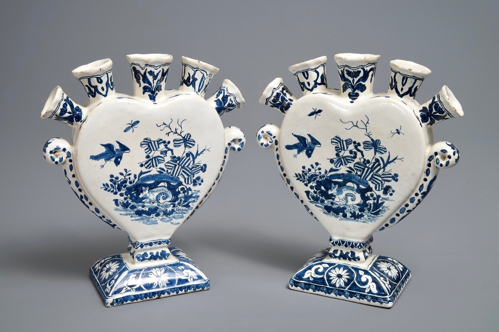 A pair of Dutch Delft blue and white heart-shaped tulip vases, 19th C.