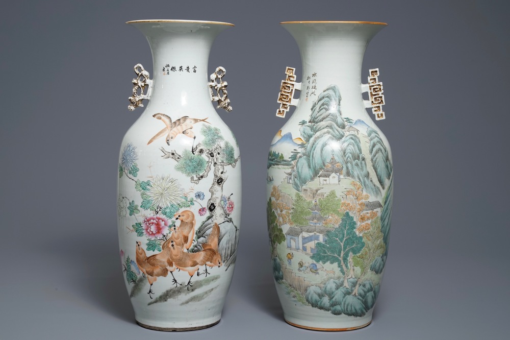 Two Chinese qianjiang cai vases with birds and landscapes, 19/20th C.