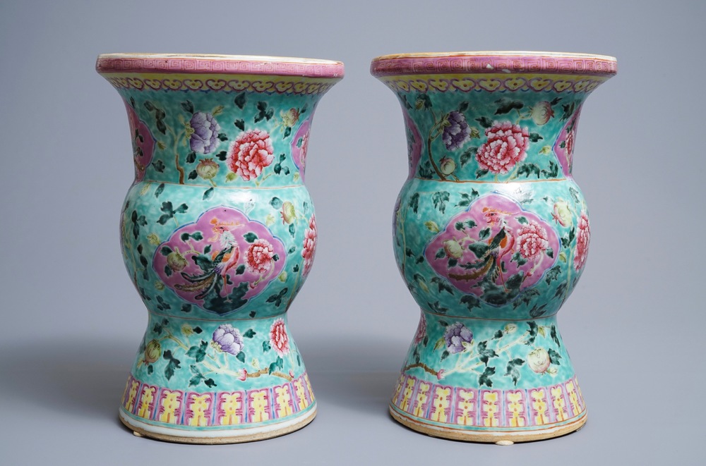 A pair of Chinese famille rose 'phoenix' vases for the Straits or Peranakan market, 19th C.