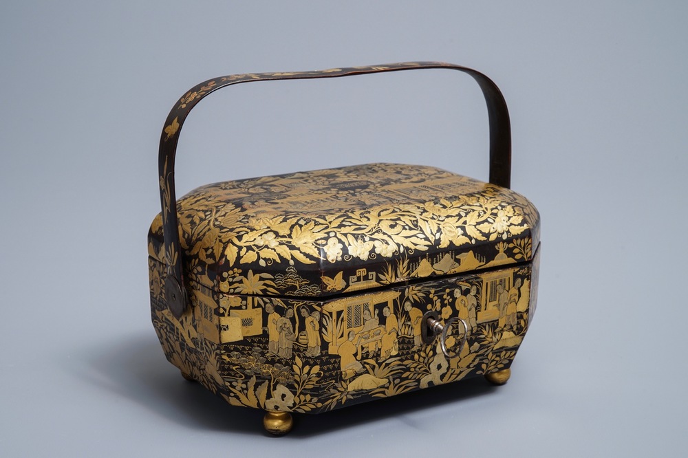 A Chinese black and gilt-lacquer covered box with handle, Canton, 19th C.