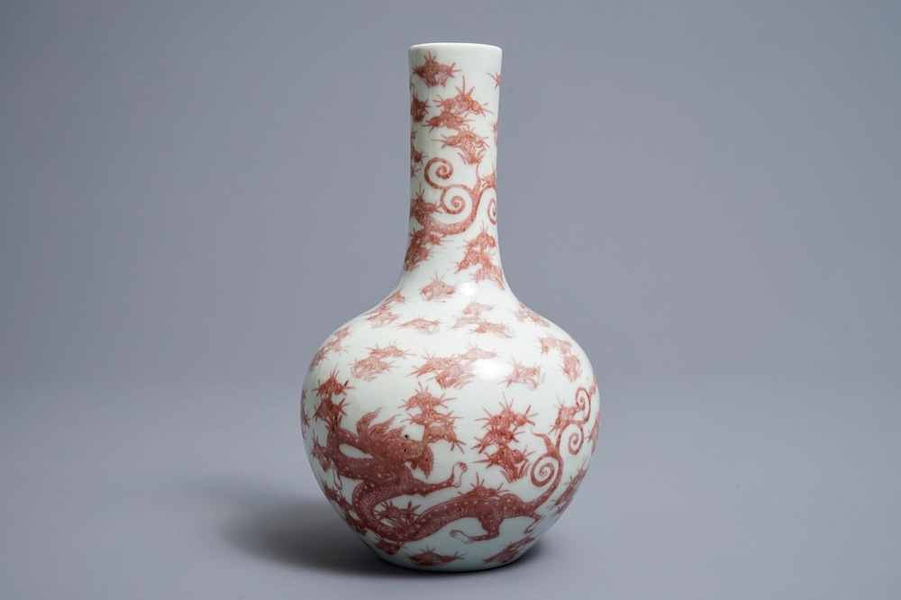 A Chinese underglaze red bottle-shaped 'dragon' vase, 19/20th C.