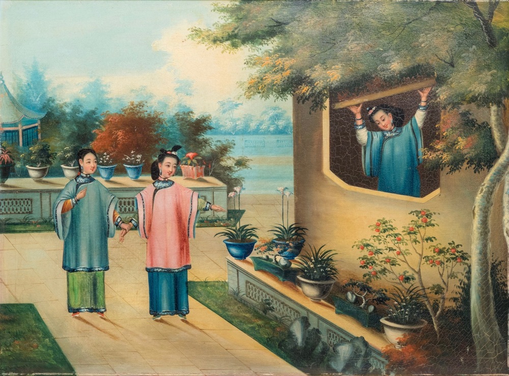 Een Anglo-Chinees export schilderij met dames op een terras, Canton, 19e eeuw