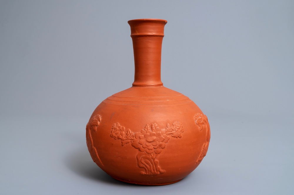 A yixing style red earthenware bottle vase, poss. Dutch Delftware, 18th C.