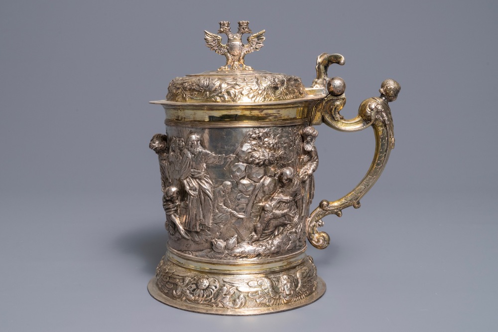 A parcel-gilt silver stein with biblical design, Nathaniel Pressding II, Danzig, Poland, 17th C.