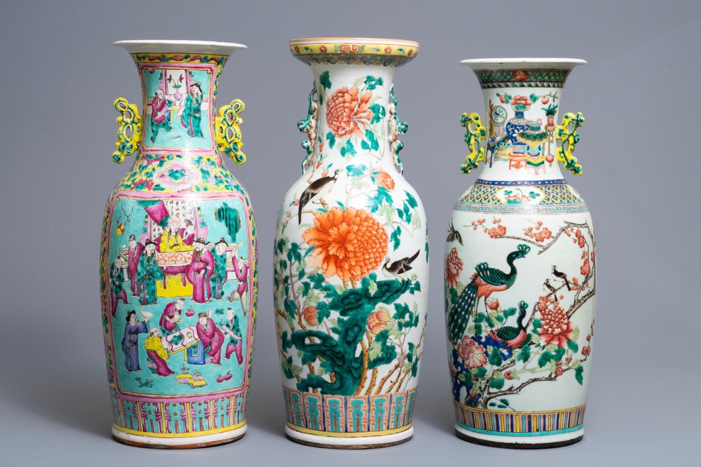 Three Chinese famille rose vases, 19th C.