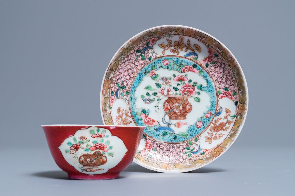 A fine Chinese famille rose 'ruby back' cup and saucer, Yongzheng