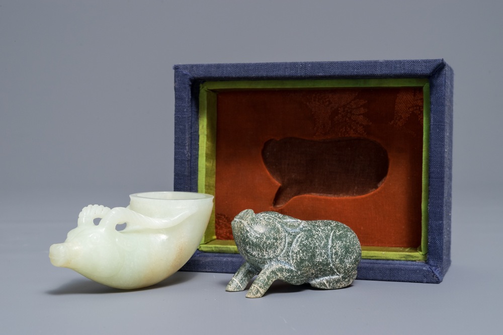 A Chinese jade deer rhyton cup and a spinach green jade pig, Han or later