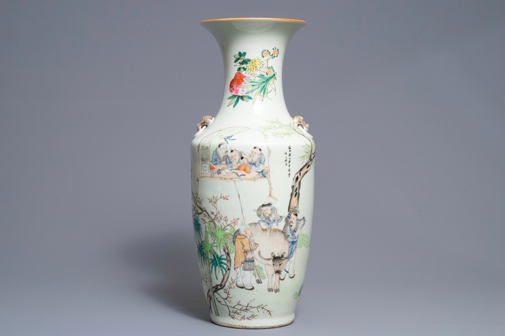 A Chinese qianjiang cai vase with figures near an ox, Ma Qingyun, 19/20th C.