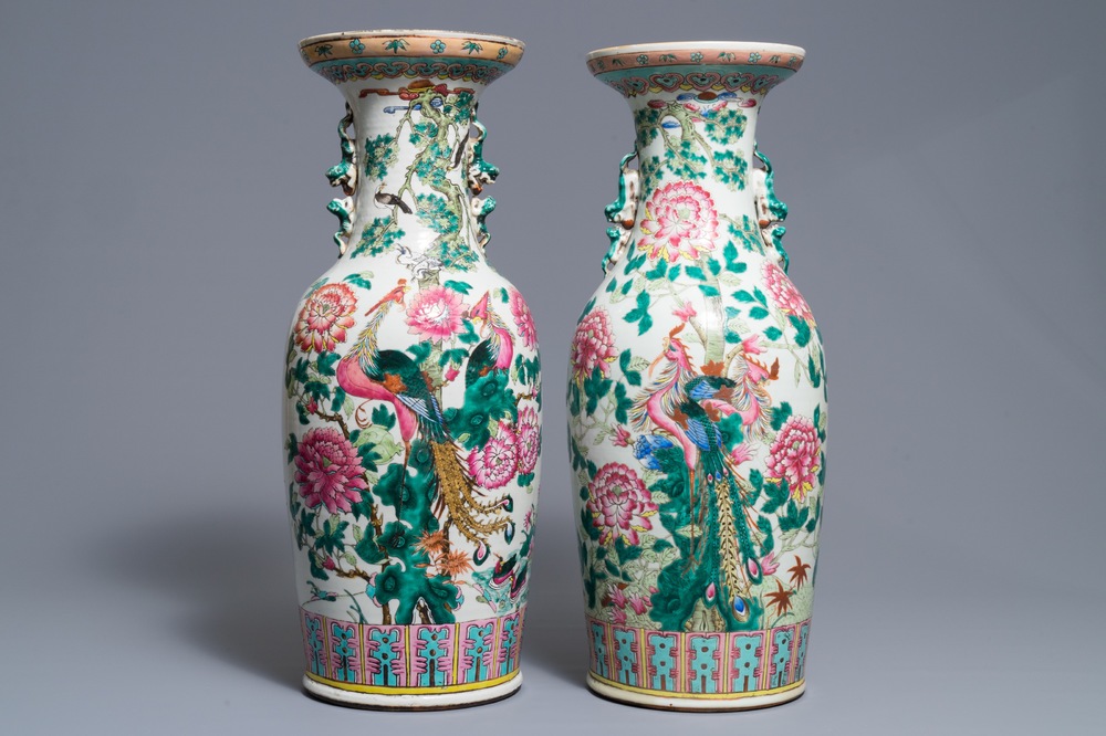 A pair of Chinese famille rose 'pheasants and phoenix' vases, 19th C.