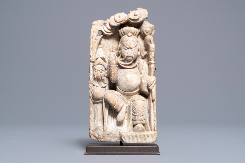 A Chinese carved soapstone relief of Zhenwu, 18/19th C.