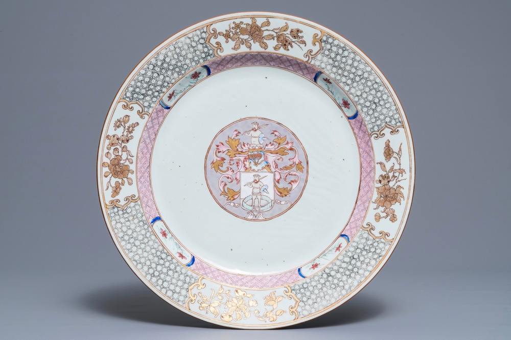 A Chinese famille rose armorial dish for the Dutch market, arms of Tuineman, Yongzheng