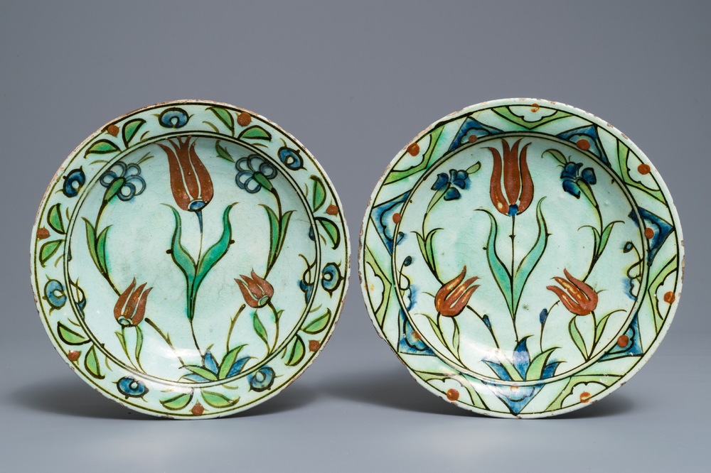 A pair of Iznik 'tulip' plates, Turkey, 17th C.