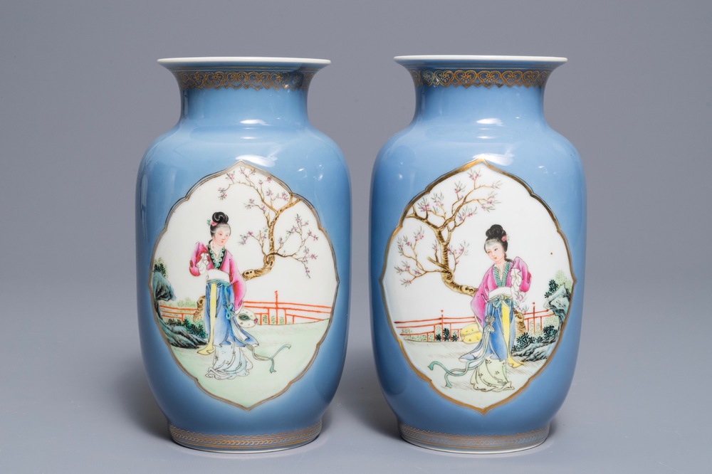 A pair of Chinese famille rose lavender blue ground vases, Qianlong mark, Republic, 20th C.