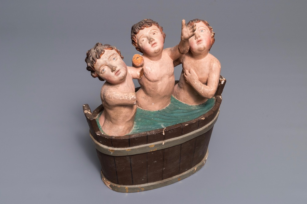 Een polychrome houten groep 'De kinderen van Sint-Nikolaas', 18e eeuw