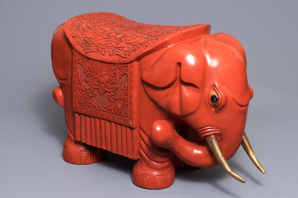 A Chinese cinnabar lacquer elephant stool, Republic, 20th C.