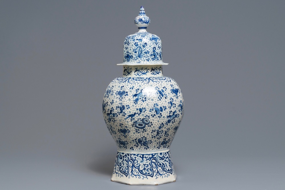 A large Dutch Delft blue and white vase and cover, early 18th C.