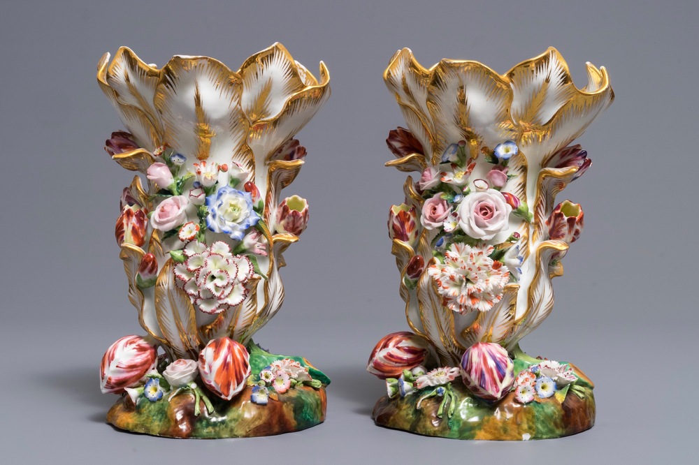 A pair of vases with applied floral design, Jacob Petit, Paris, 19th C.