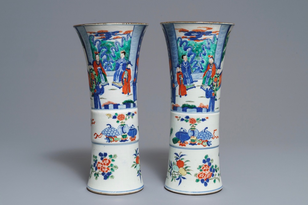 A pair of Chinese wucai gu vases, 19th C.