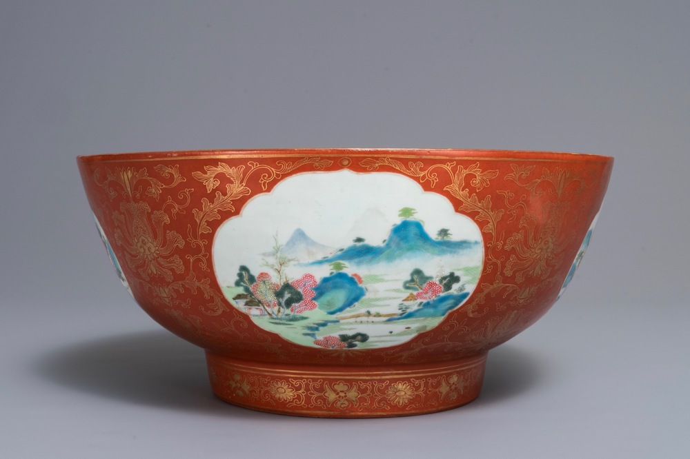 A large Chinese famille rose coral ground landscape bowl, Jiaqing
