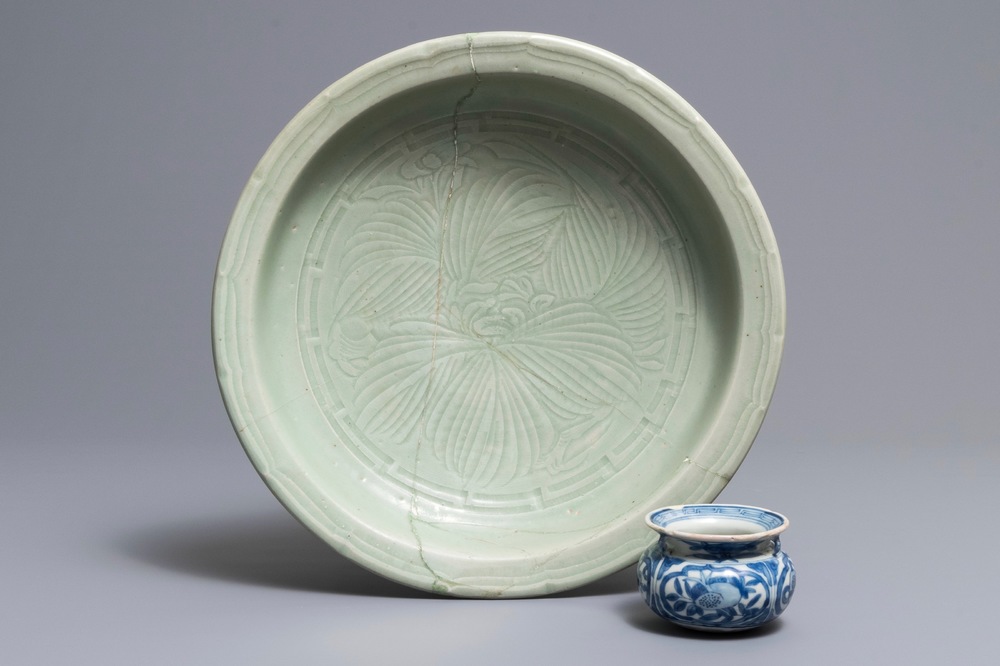 A Chinese blue and white incense burner and a Longquan celadon dish, Ming