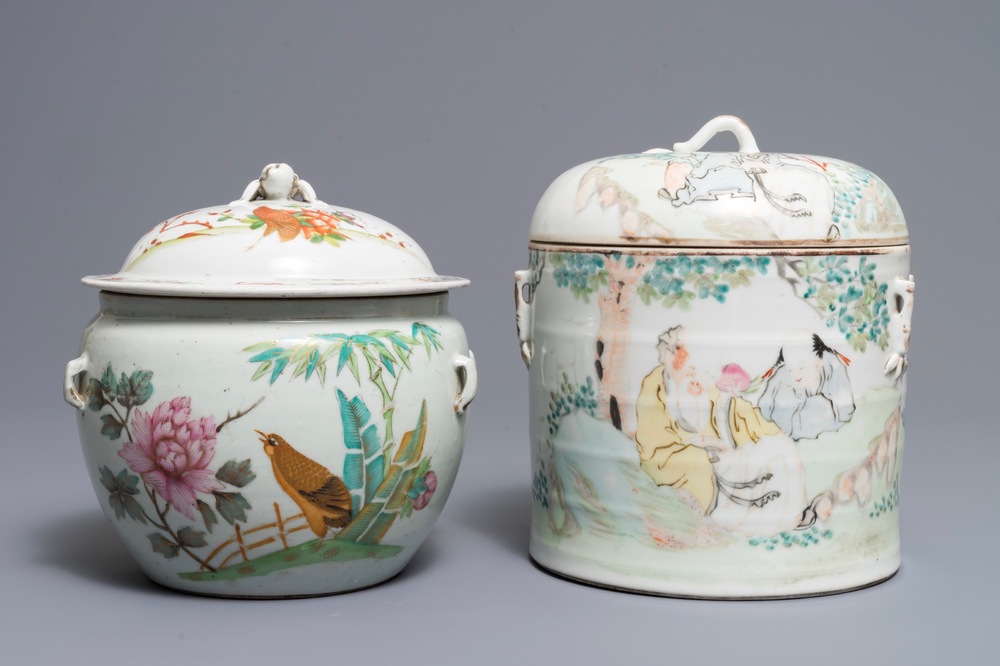 Two Chinese qianjiang cai and famille rose covered bowls, 19/20th C.