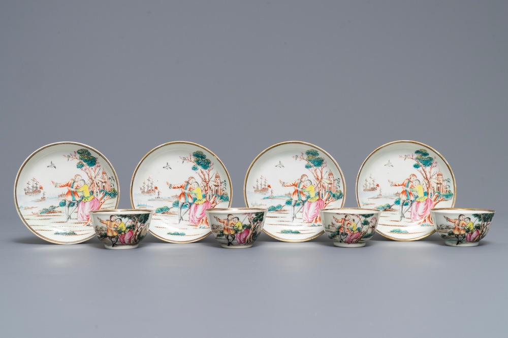 Four Chinese famille rose 'Sailor's farewell' cups and saucers, Qianlong