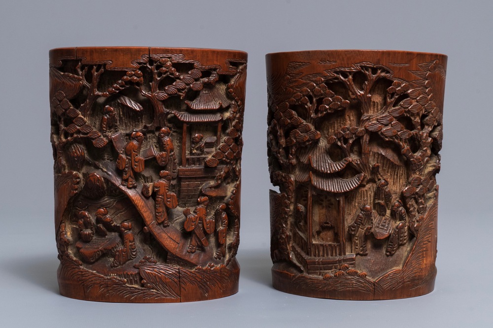 Two Chinese carved bamboo brush pots, 18/19th C.