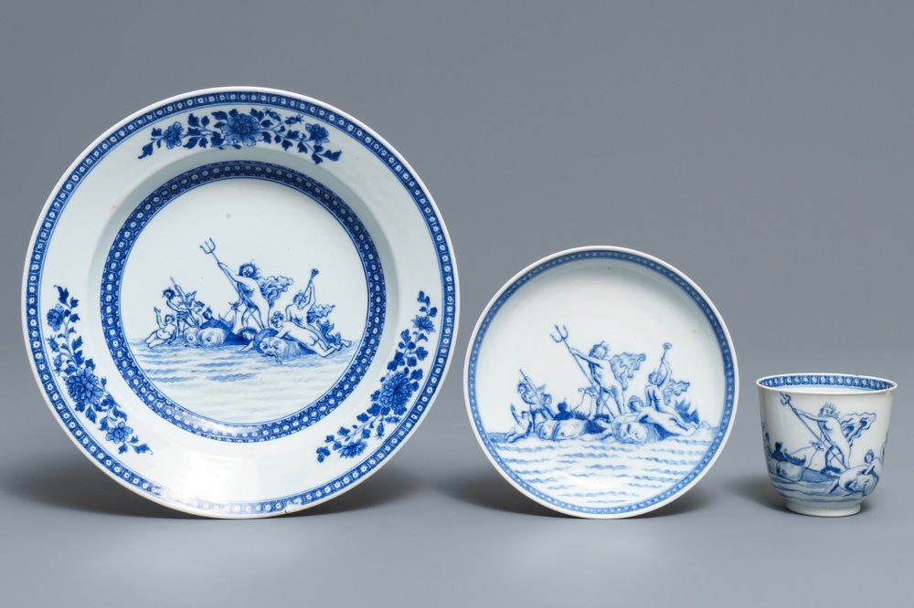 A Chinese blue and white mythological cup and saucer with matching plate depicting Neptune, Qianlong